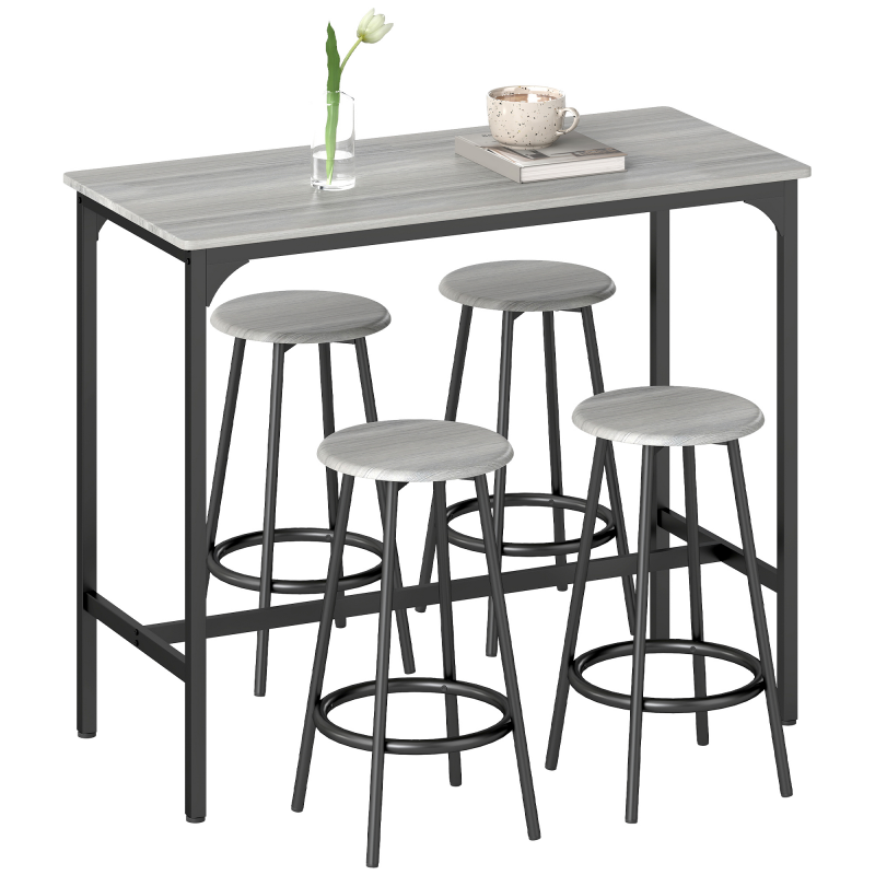 HOMCOM Bartisch mit Barhocker Set, 5-tlg. Bartisch-Set, Küchentisch mit 4 Barhocker, Essgruppe im Industriedesign, für Küche, Esszimmer, Metall, Grau Aosom – Bild 1 von 2