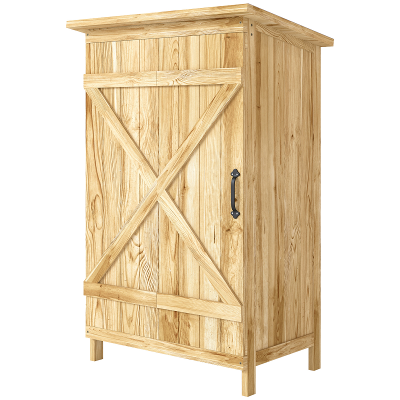 Outsunny Gartenschuppen aus Holz 63,5x40x90 cm Gartenschrank für Werkzeugaufbewahrung mit 2 Regalen Scheunentor-Stil Tür und Dach aus verzinktem Stahl Natur Aosom – Bild 1 von 2