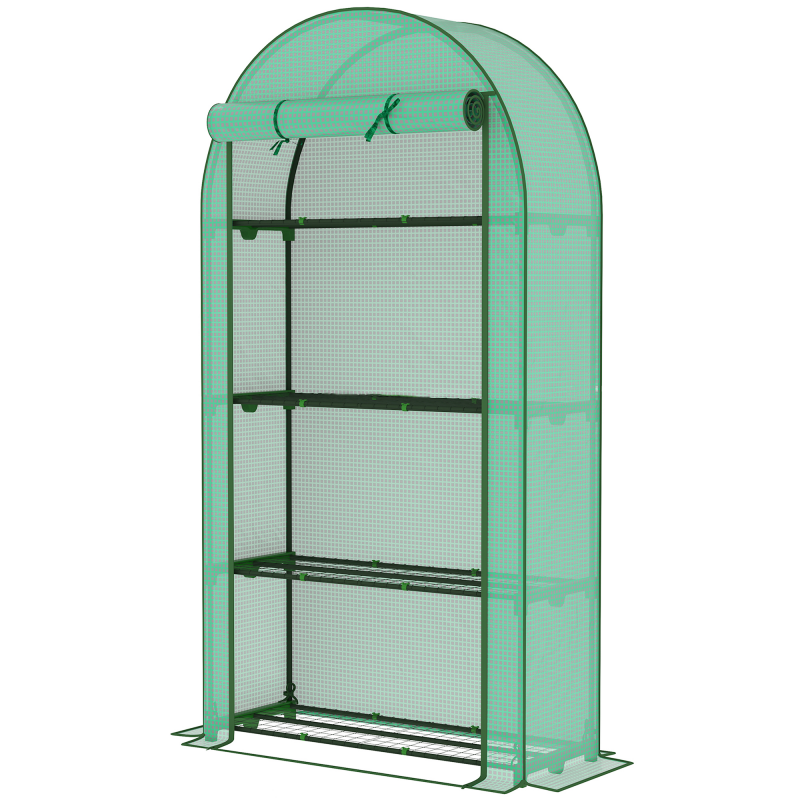 Outsunny Gewächshaus für den Außenbereich Kleines 4-stöckiges Gewächshaus mit 4 Regalen Rolltür PE-Abdeckung und Stahlrahmen für den Anbau von Pflanzen Blumen 105x45x160 cm Grün Aosom – Bild 1 von 2
