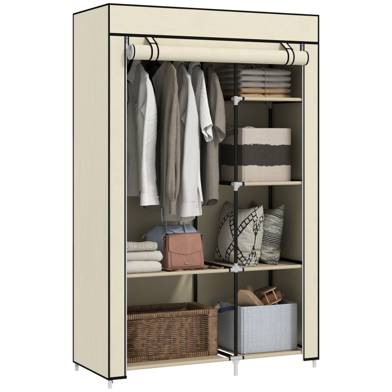 HOMCOM Kleiderschrank Stoffschrank faltbar mit 2 Kleiderstangen und 6 Fächern in Creme für Schlafzimmer und Flur Aosom.de – Bild 1 von 2