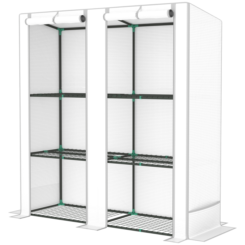 Outsunny Gewächshaus für den Außenbereich mit geneigtem Dach Kleines Gewächshaus mit 3 Regalen 2 Aufrollbaren Türen PE-Abdeckung und Stahlrahmen für Anbau Pflanzen Blumen 144x48x152 cm Weiß Aosom – Bild 1 von 2