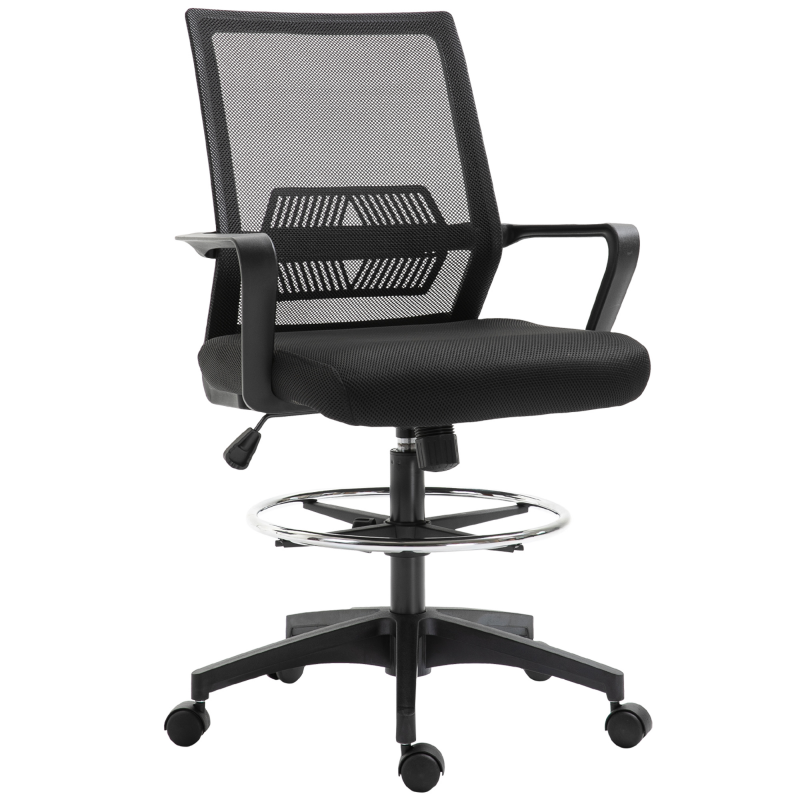 Vinsetto Bürostuhl Ergonomischer Schreibtischstuhl verstellbarer Fußring, Lendenwirbelstütze, Höhenverstellbarer Drehstuhl mit Netzbespannung, Wippfunktion, Computerstuhl, Schwarz Aosom – Bild 1 von 2