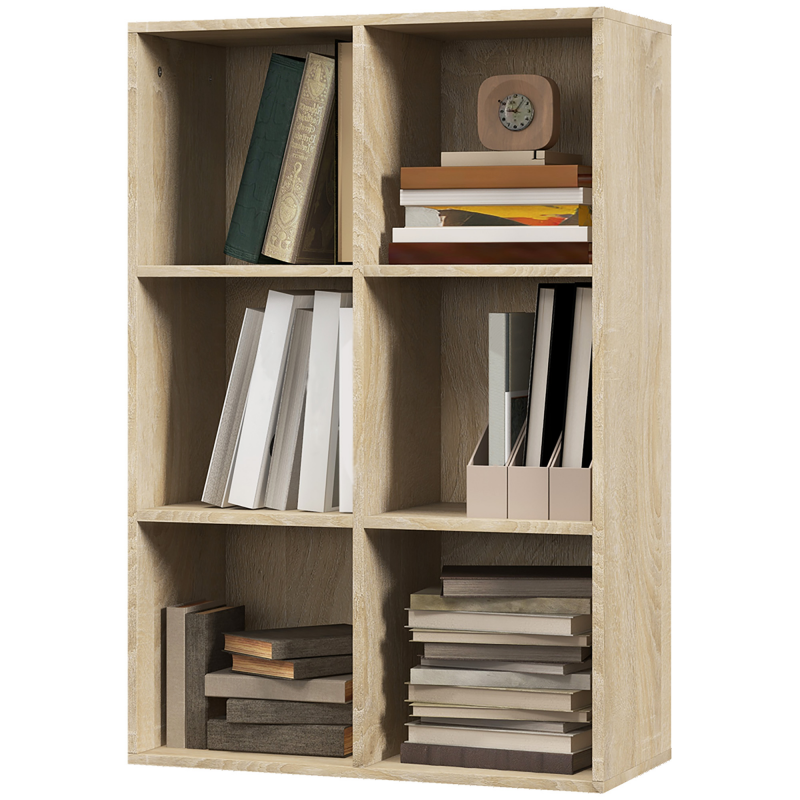 HOMCOM Mobiles Würfelregal mit 6 Fächern, Platzsparendes Holzregal, Raumteilerregal für Wohnzimmer, Schlafzimmer und Büro, 65,5x30x97,5 cm, Farbe Eiche Aosom – Bild 1 von 2