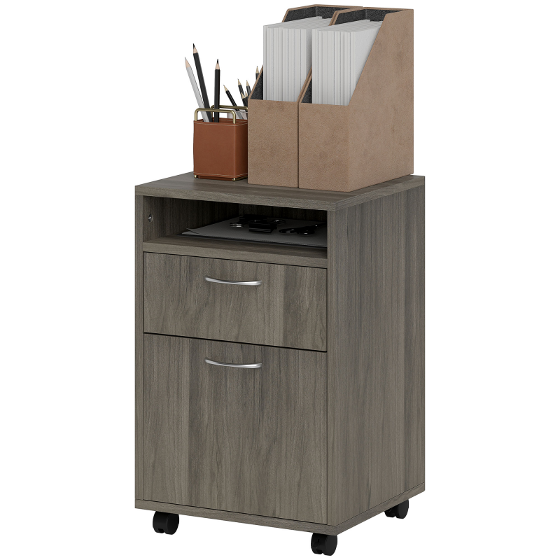 HOMCOM Büroschrank mit Schublade, Schrank, Bremsrollen und offener Ablage, Büroschrank für A4, Vertikaler Schrank für das Büro, 40x35x60 cm, Grau Aosom – Bild 1 von 2