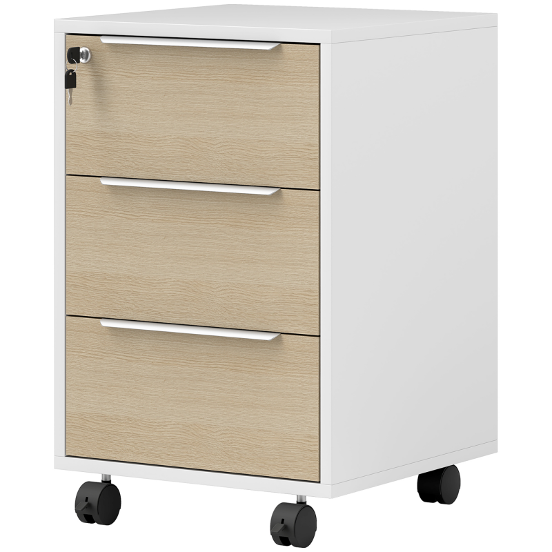 HOMCOM Bürocontainer mit 3 Schubladen und Schloss, Büromöbel auf Rollen für Dokumente und Drucker, kompakter Aufbewahrungscontainer für Büro- oder Schlafzimmerarbeit, 40x40x63,5cm, Eiche Aosom – Bild 1 von 2