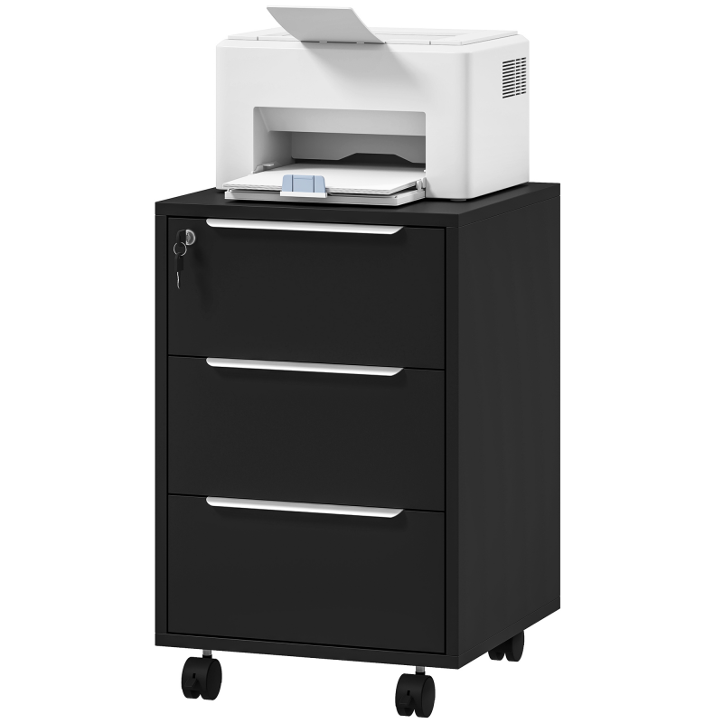 HOMCOM Bürocontainer mit 3 Schubladen und Schloss, Rollcontainer für Dokumente und Drucker, kompakter Aufbewahrungscontainer für Arbeit oder Schlafzimmer, 40x40x63,5cm, Schwarz Aosom – Bild 1 von 2