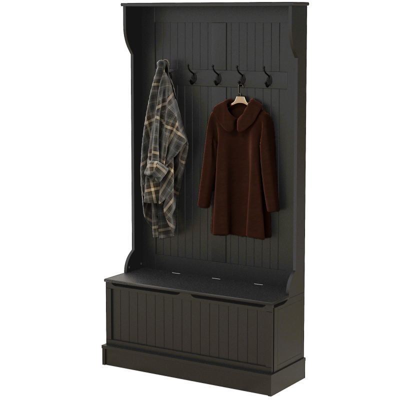 HOMCOM Garderobenständer mit Schuhbank, Eingangsbereichsgarderobe mit Bank und 5 Haken, Moderner Stil, für Flur Schlafzimmer, 96x34x179,7 cm, Schwarz Aosom – Bild 1 von 2