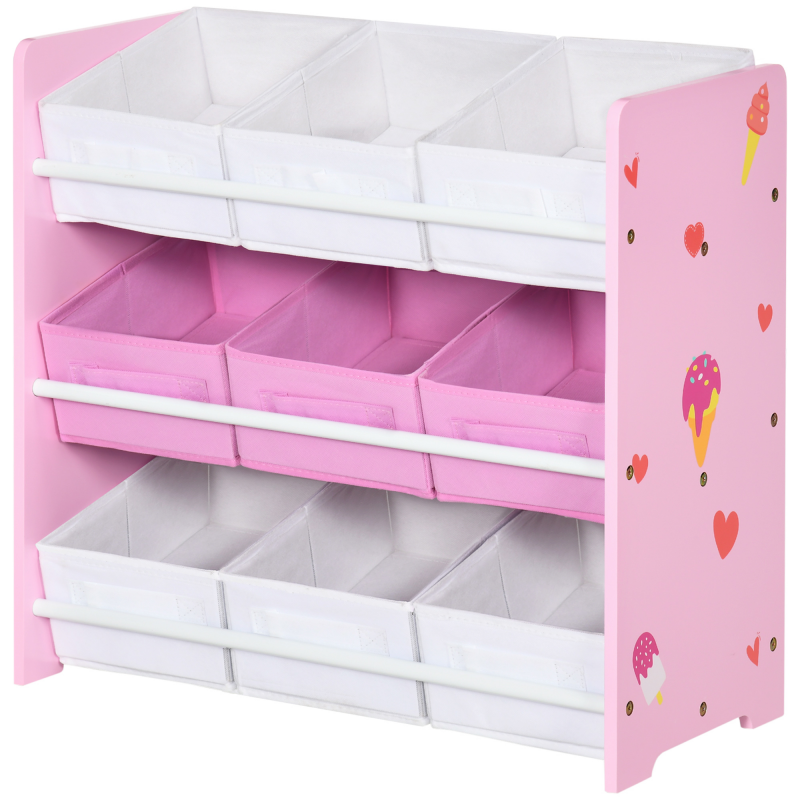 ZONEKIZ Kinder Aufbewahrungsschrank mit 9 herausnehmbaren Körben, Spielzeugschrank aus MDF und Stoff, 63x30x60 cm, Rosa und Weiß Aosom – Bild 1 von 2