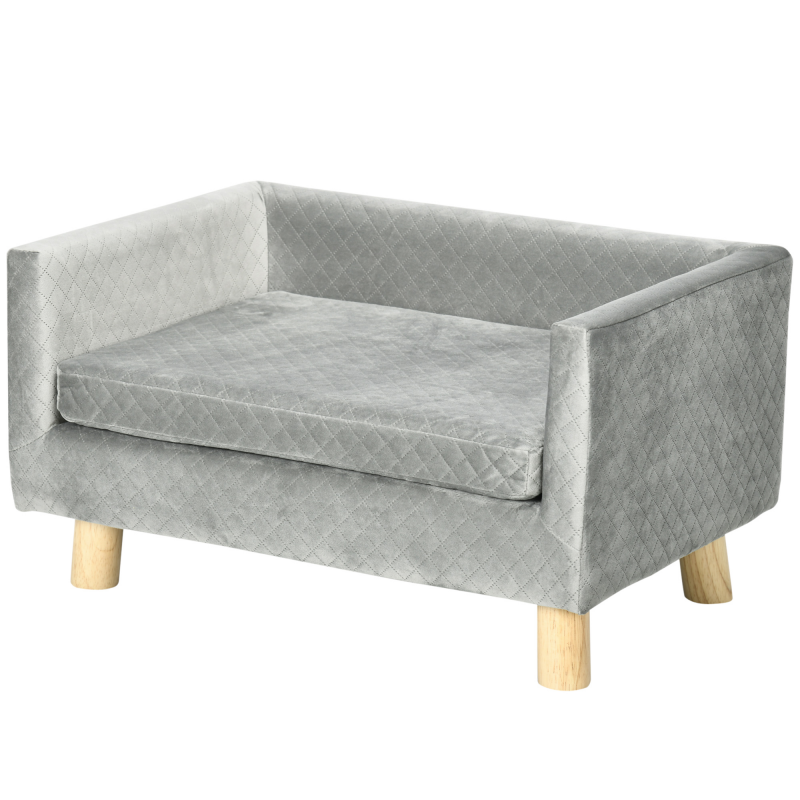 PawHut Hundesofa Samt-Touch Haustiersofa für kleine Hunde bis 8kg mit Holzbeinen Grau 64x45x36cm für stilvolle Tiermöbel Aosom.de – Bild 1 von 2
