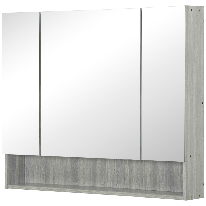 Kleankin Badezimmerschrank mit Spiegel, 90 x 15 x 75 cm, Badezimmermöbel, Toilettenregal mit 3 Spiegeltüren, offenes Fach und verstellbaren Regalen, grau Aosom – Bild 1 von 2