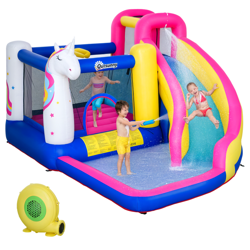 Outsunny Hüpfburg mit Gebläse und Rutsche, aufblasbare Springburg für 4 Kinder, Wasserpark für 3-8 Jahre, Oxford-Polyester-Gewebe, ideal für Outdoor-Spaß Aosom.de – Bild 1 von 2