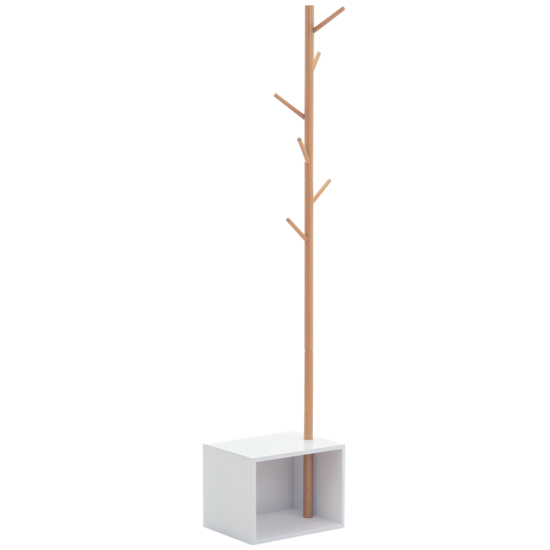 HOMCOM Garderobenständer Kleiderhaken Garderobe mit Sitzbank Stauraum Baum-Design Zweige 6 Haken Bambus Weiß Natur 40 x 30 x 180 cm Aosom – Bild 1 von 2