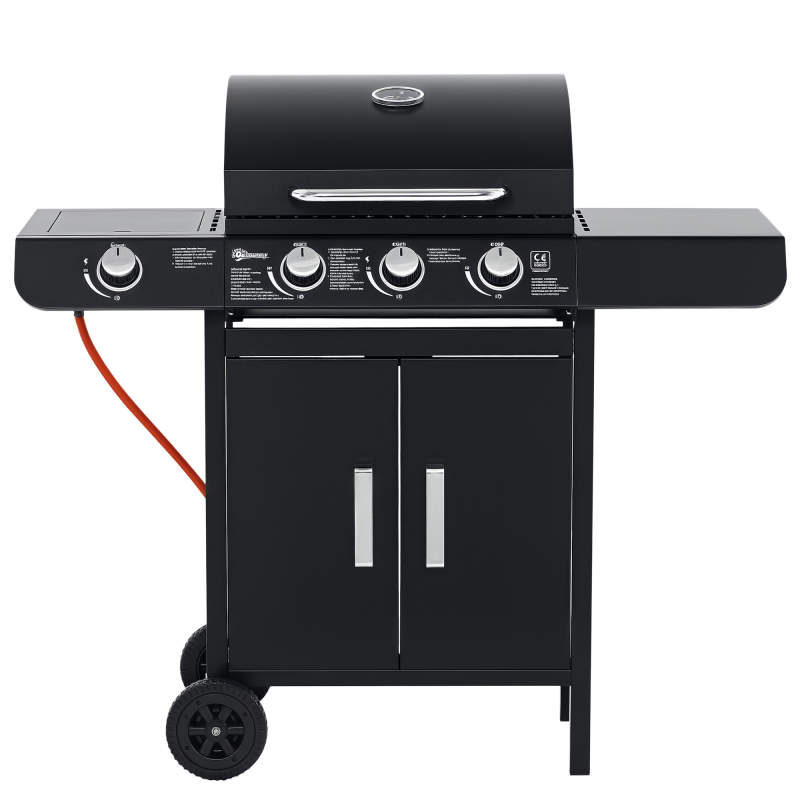Outsunny Gasgrill BBQ Grillwagen mit 3 Brennern und 1 Seitenbrenner, Druckminderer und Schläuche, multifunktional, Stahl Schwarz 110x50x100 cm Aosom.de – Bild 1 von 2