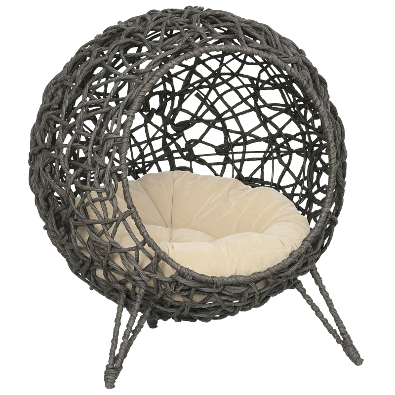 PawHut Katzenhaus aus Rattan Elegante Katzenhöhle mit Kissen, erhöhte Füße, Silbergrau, Ø52x58cm Aosom – Bild 1 von 2