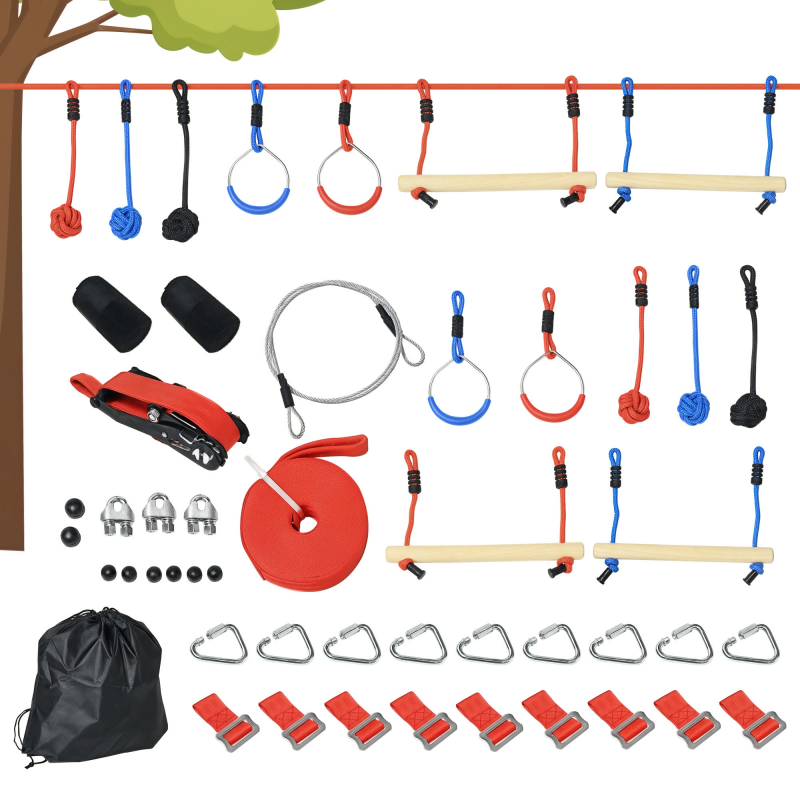 Outsunny Ninja Slackline Set 10m mit Kletterhindernissen, Affenknoten & Gymnastikringe für Kinder von 3-6 Jahren, Outdoor Spielzeug Aosom.de – Bild 1 von 2