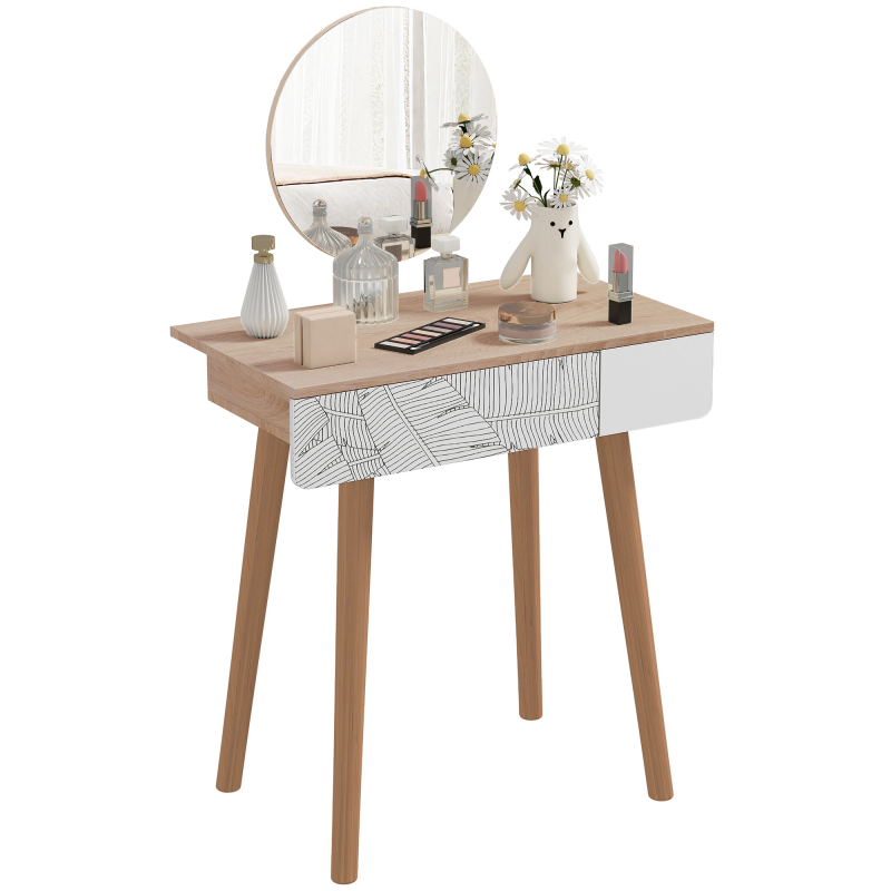 HOMCOM Schminktisch Kosmetiktisch mit Spiegel Frisierkommode Schmuck Schubladen Spanplatte Weiß+Eiche 70 x 39 x119-128 cm Aosom – Bild 1 von 2
