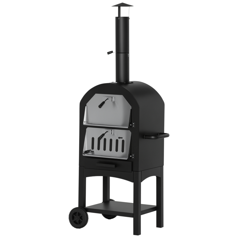 Outsunny Pizzaofen Outdoor 2-In-1 mit Rollen, Grillofen, Schutzhülle, Pizzaschaufel, 2 Grillnetzen, 3-Tier Holzbackofen, 63x54x161cm Aosom – Bild 1 von 2