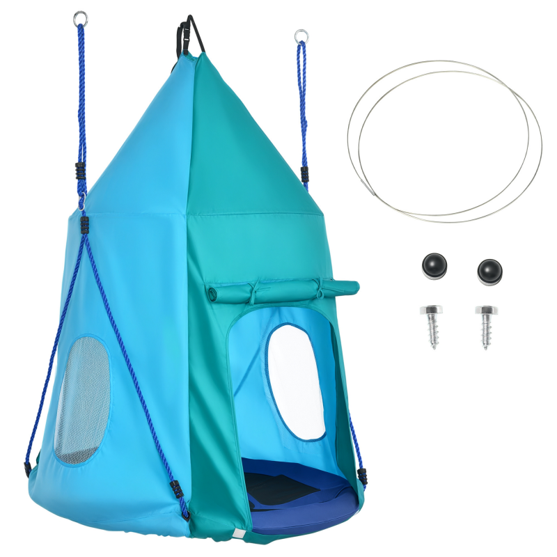 Outsunny Nestschaukel mit Zelt, Ø100 cm Gartenschaukel, Kinderschaukel mit Fenster und längenverstellbaren Seilen, Tellerschaukel für Kinder, wasserdichtes Zelt, bis 150 kg belastbar, Blaugrün Aosom – Bild 1 von 2