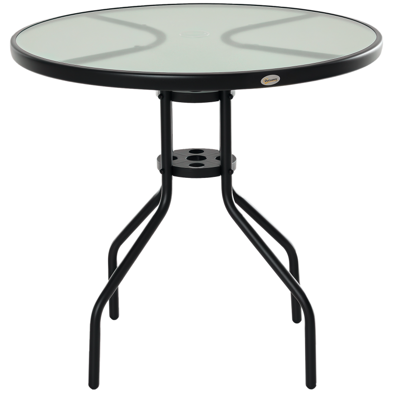 Outsunny Gartentisch Balkontisch Bistrotisch mit Schirmloch Ø80 cm, Hartglas und Metall Schwarz, ideal für Garten und Terrasse Aosom.de – Bild 1 von 2
