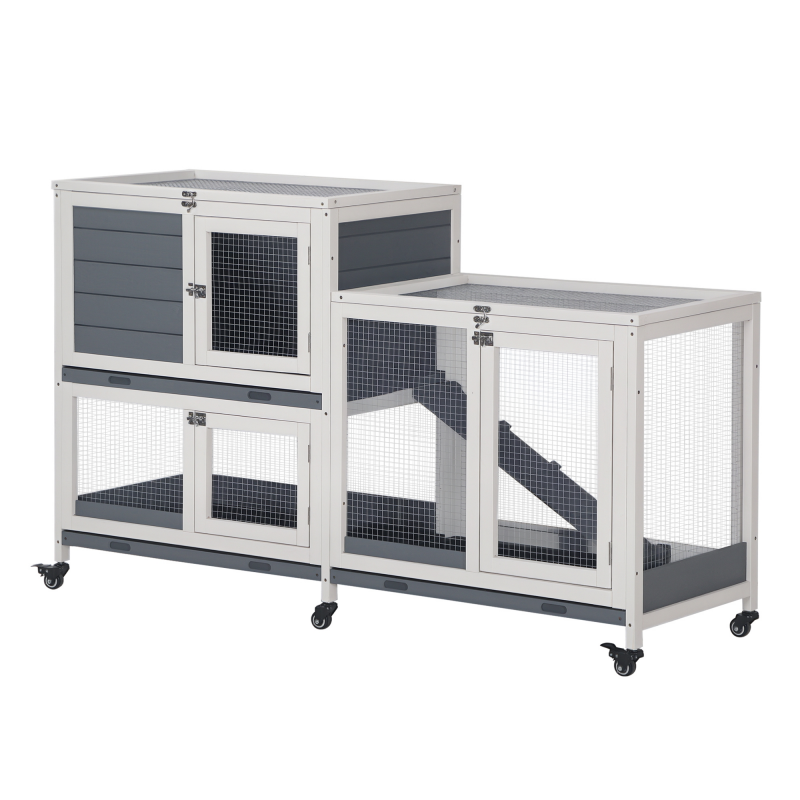 PawHut Kleintierstall Kleintierkäfig 147 x 45,5 x 88,5 cm Zwergkaninchenstall mit 6 Rädern aufklappbarem Dach abschließbarer Tür Tannenholz Grau+Weiß Aosom – Bild 1 von 2