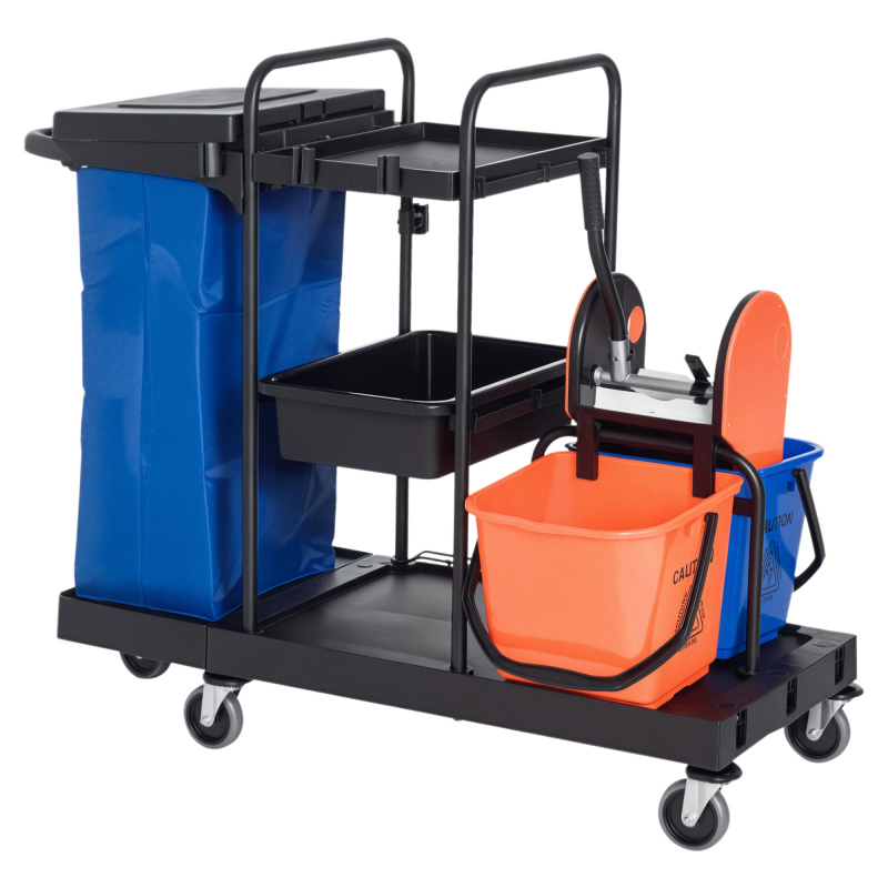 HOMCOM Reinigungswagen Putzwagen mit 4 Rollen, Systemwagen für professionelle Reinigung, Schwarz/Blau/Orange, 111x63,3x103cm Aosom – Bild 1 von 2