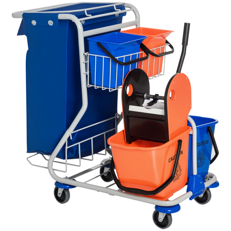 HOMCOM Professioneller Putzwagen, Doppelfahrwagen mit Moppressel, 2 x 18L & 2 x 6L Eimer, Aufbewahrungskorb, Blau Orange Für Gebäudereinigung Aosom – Bild 1 von 2