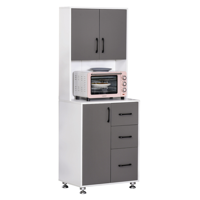 HOMCOM Küchenschrank Hochschrank mit 2 Türen und 3 Schubladen, Mikrowellenregal Küchenbuffet, Aufbewahrungsschrank aus Spanplatte und Stahl, Grau und Weiß 60x40x160 cm Aosom.de – Bild 1 von 2