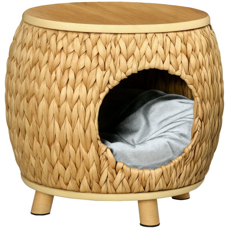 PAWHUT Katzenhöhle Rattan 2-in-1 Katzenkorb mit Kissen Haustierbett aus Wasserhyazinthengras und Paulownia Holz, hellbraun und grau, 44 x 43 x 42 cm Aosom.de – Bild 1 von 2
