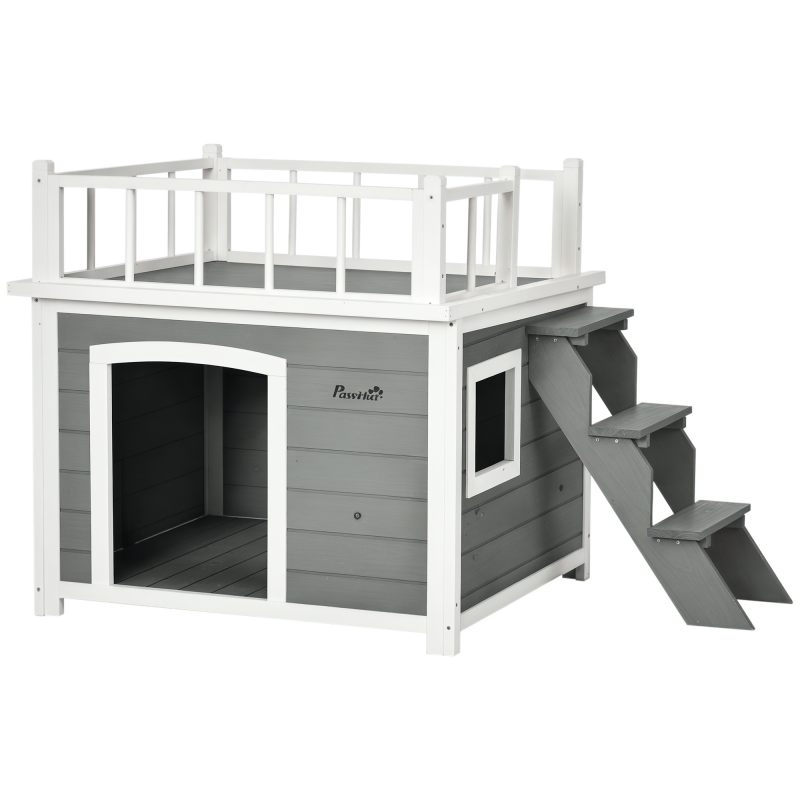 PawHut Hundehütte Hundehaus mit Balkon und Treppe, erhöhtes Kleintierhaus mit Fenster für mittelgroße & große Hunde aus Tannenholz Aosom.de – Bild 1 von 2