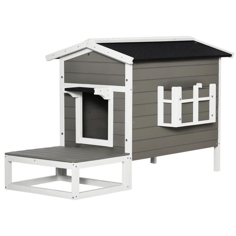 PawHut Katzenhaus Katzenhütte mit Terrasse & Balkon für Katzen und Hunde, Tannenholz Grau & Weiß, 115 x 66,5 x 74,7 cm Aosom.de – Bild 1 von 2