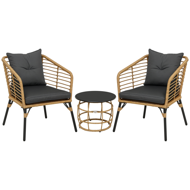 Outsunny Rattan Gartenmöbel-Set, 3-TLG. Sitzgruppe, inkl. Couchtisch und 2 Stühle, Bistro-Set mit Kissen, Balkonmöbel, Sand+Dunkelgrau Aosom – Bild 1 von 2