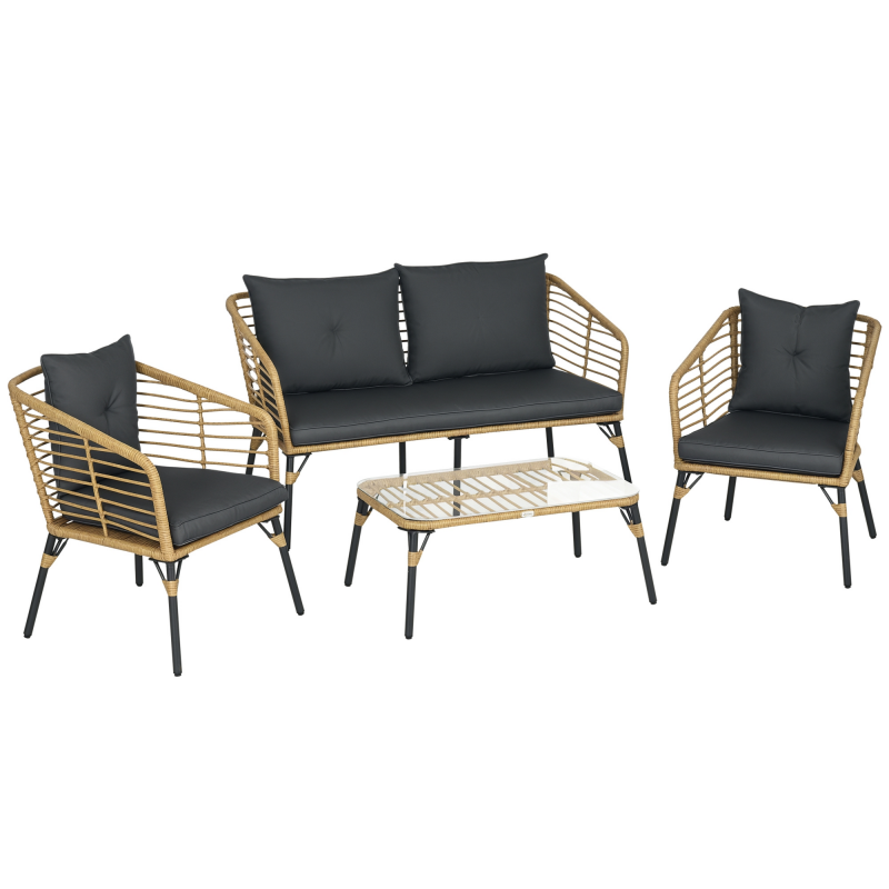 Outsunny 4 tlg Gartenmöbel-Set Rattan Sitzgarnitur mit Kissen 3 Sessel 1 Couchtisch Balkonmöbel im Boho-Stil für 4 Personen Sand Dunkelgrau Aosom.de – Bild 1 von 2