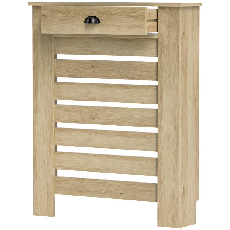 HOMCOM Heizkörperverkleidung, Heizkörperabdeckung, horizontal Lamellen, mit Schublade, für Wohnzimmer, Schlafzimmer, Flur, aus Holz, 78 x 19 x 95,5 cm, Eiche Aosom – Bild 1 von 2