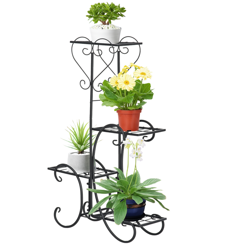 Outsunny Blumenregal Metall 4 Ebenen Pflanzenregal für Garten Balkon Blumentreppe Schwarz 45x24,5x80cm dekorativ & stabil Aosom.de – Bild 1 von 2