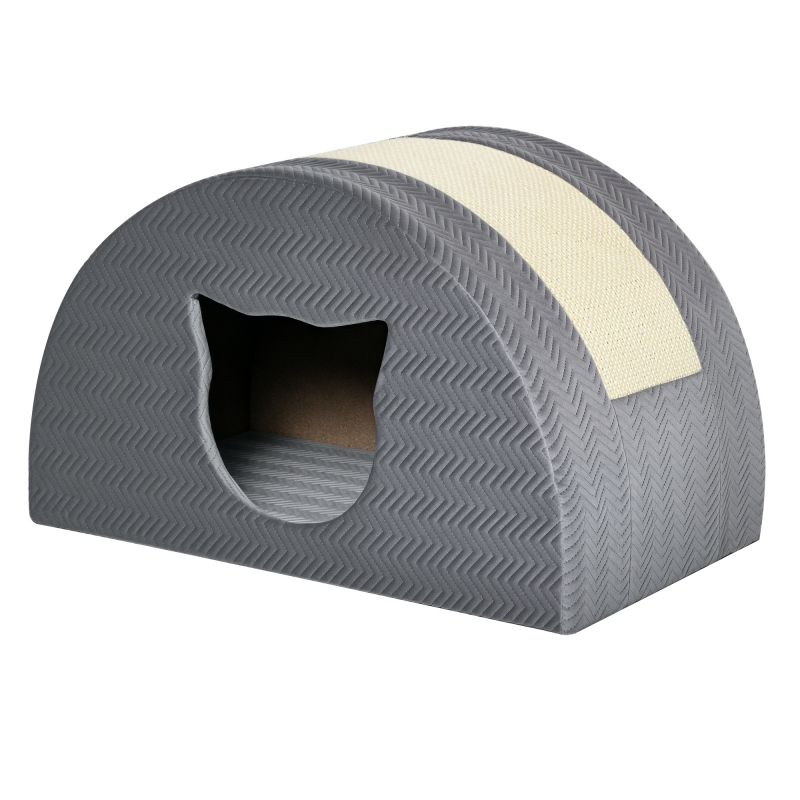 PawHut Katzenhöhle mit Kratzbrett und Sisal, Plüsch-Touch, Tür mit Katzengesicht, 48,5 x 30 x 30 cm, graue Katzenwohnung für kleine Katzen Aosom.de – Bild 1 von 2
