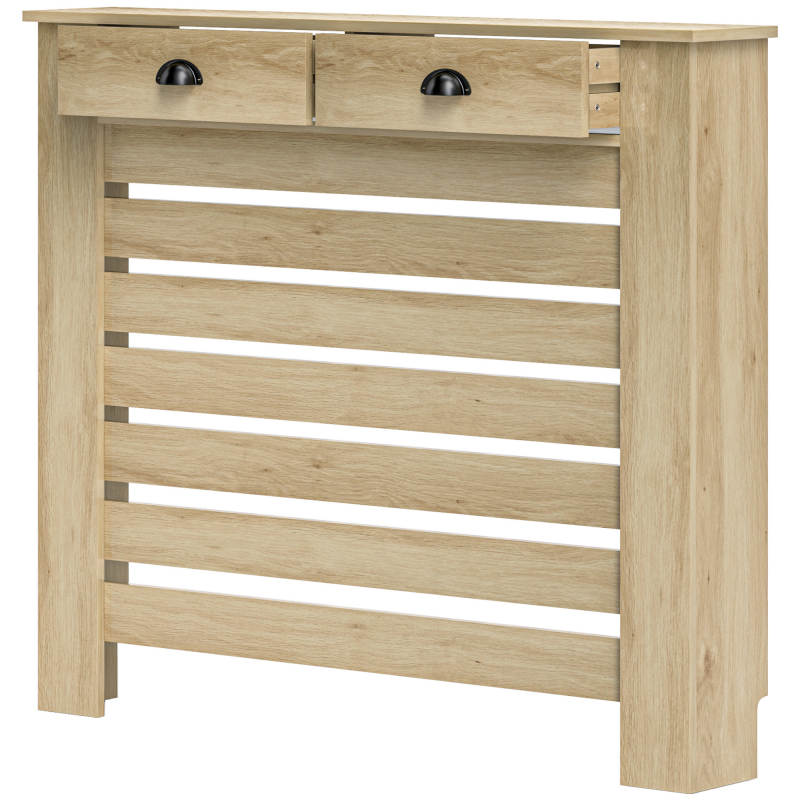 HOMCOM Heizkörperverkleidung, Heizkörperabdeckung, horizontale Lamellengitter, mit 2 Schubladen, für Wohnzimmer, Schlafzimmer, Flur, aus Holz, 111 x 19 x 95,5 cm, Eiche Aosom – Bild 1 von 2