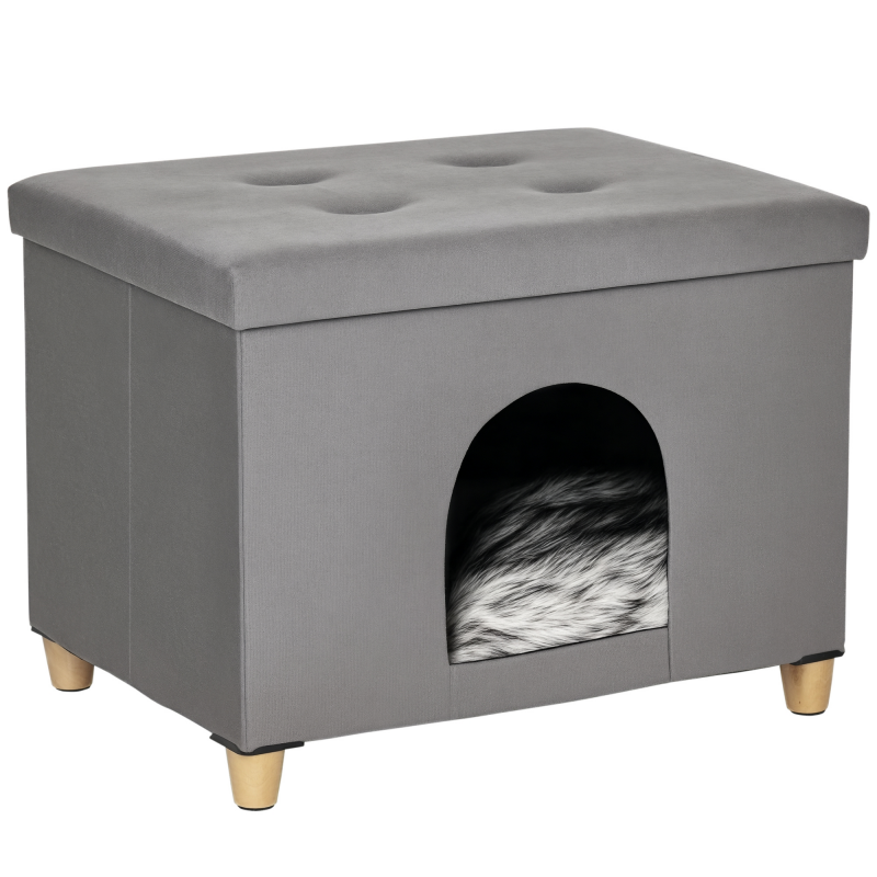 PawHut 2-in-1 Katzenhöhle Fußhocker mit Kissen gepolstert Ottomane Katzenkorb Holzbeine abnehmbar Plüsch Grau für Katzenliebhaber Aosom.de – Bild 1 von 2