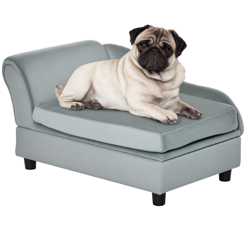 PawHut Hundebett Sofa 76x45x41,5cm mit Stauraum und hoher Rückenlehne, belastbar bis 15 kg, Plüsch und Naturholz, hellblau für kleine Hunde Aosom.de – Bild 1 von 2