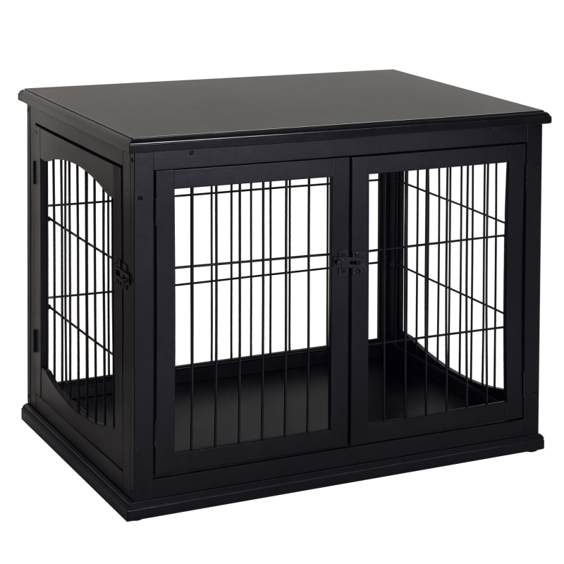PawHut Hundehütte Hundehaus mit Tischoberfläche, Kleintierkäfig für Innen, MDF Metall, Schwarz, 81x58,5x66 cm Aosom – Bild 1 von 2