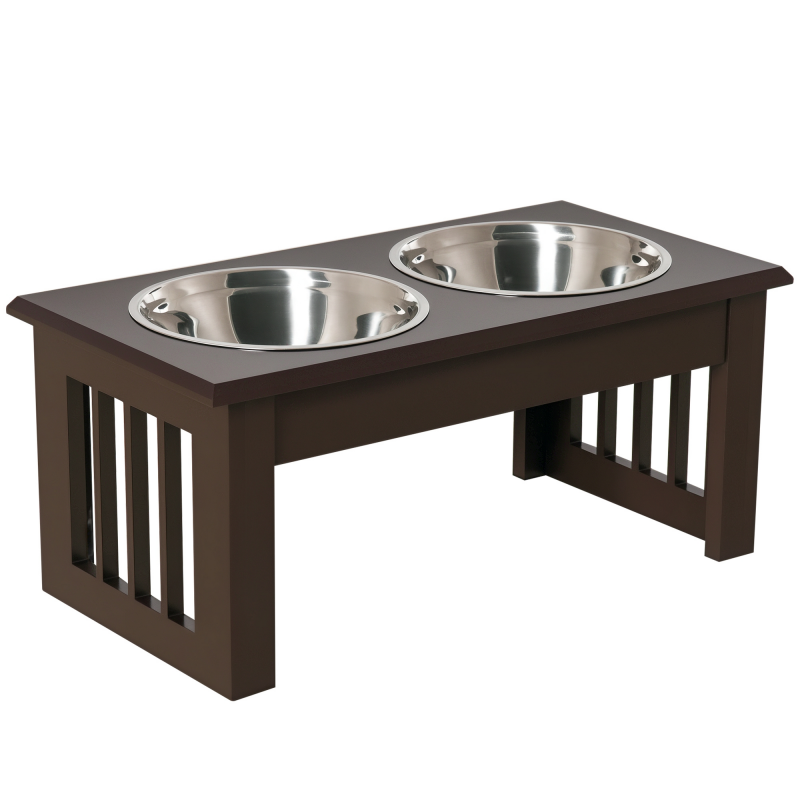 PawHut Hundenapf Set 2 Edelstahl Futterschüsseln, erhöhter Katzenapf, MDF, Pflegeleicht, Kaffee, 44x24x15cm Aosom – Bild 1 von 2