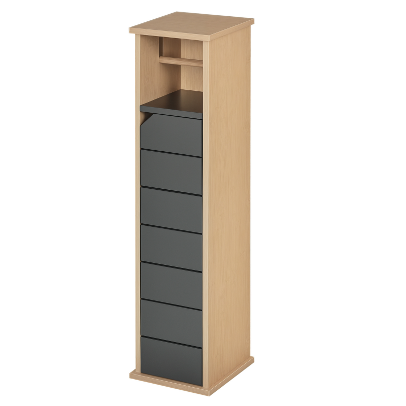 HOMCOM Badezimmerschrank mit höhenverstellbarem Regal Badmöbel mit Tür Toilettenpapier Handtuchhalter versteckter Griff MDF Bambus Braun+Grau Aosom – Bild 1 von 2