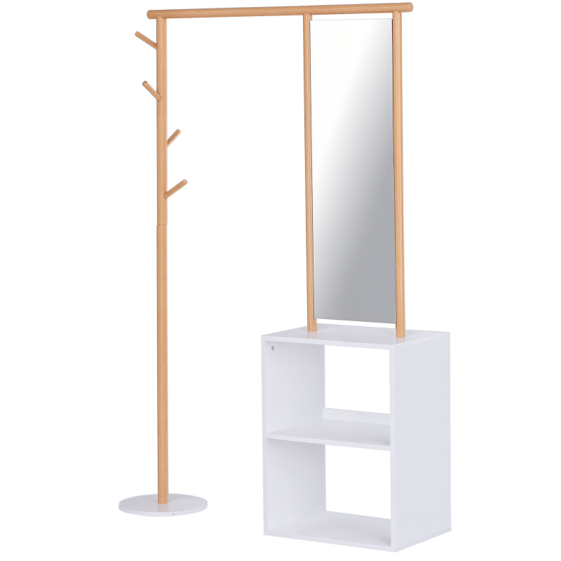 HOMCOM Garderobenständer mit Schminkspiegel, Kleiderständer mit Regal, 4 Haken, Bambus, Natur, 100 x 34 x 164 cm Aosom – Bild 1 von 2