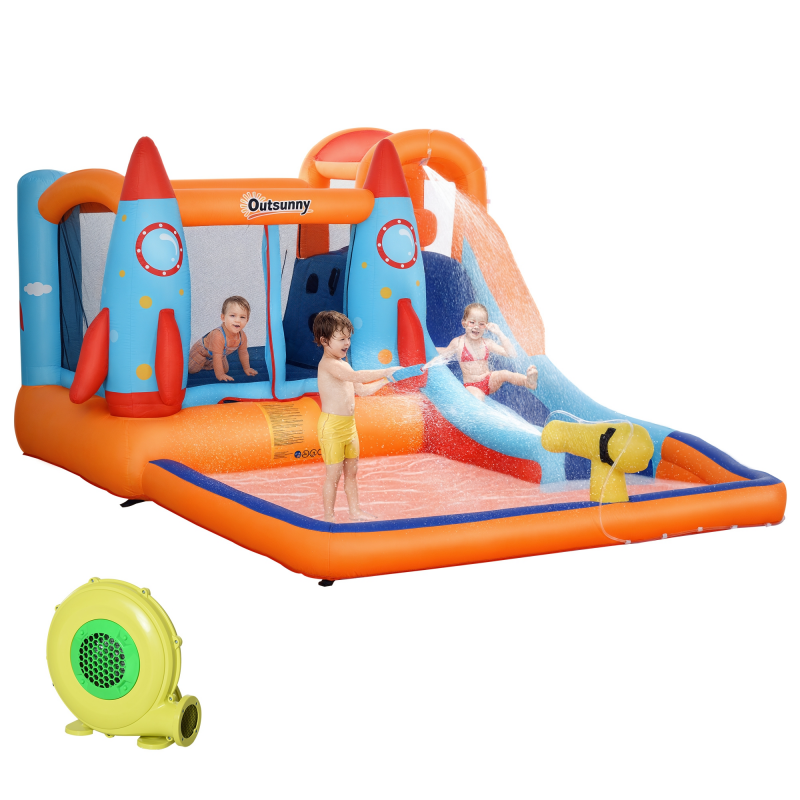 Outsunny aufblasbare Hüpfburg, Spielburg mit Rutsche für 4 Kinderburg, mit Gebläse, Spielhaus für 3-8 Jahre, Raketenmuster, Polyester Aosom – Bild 1 von 2