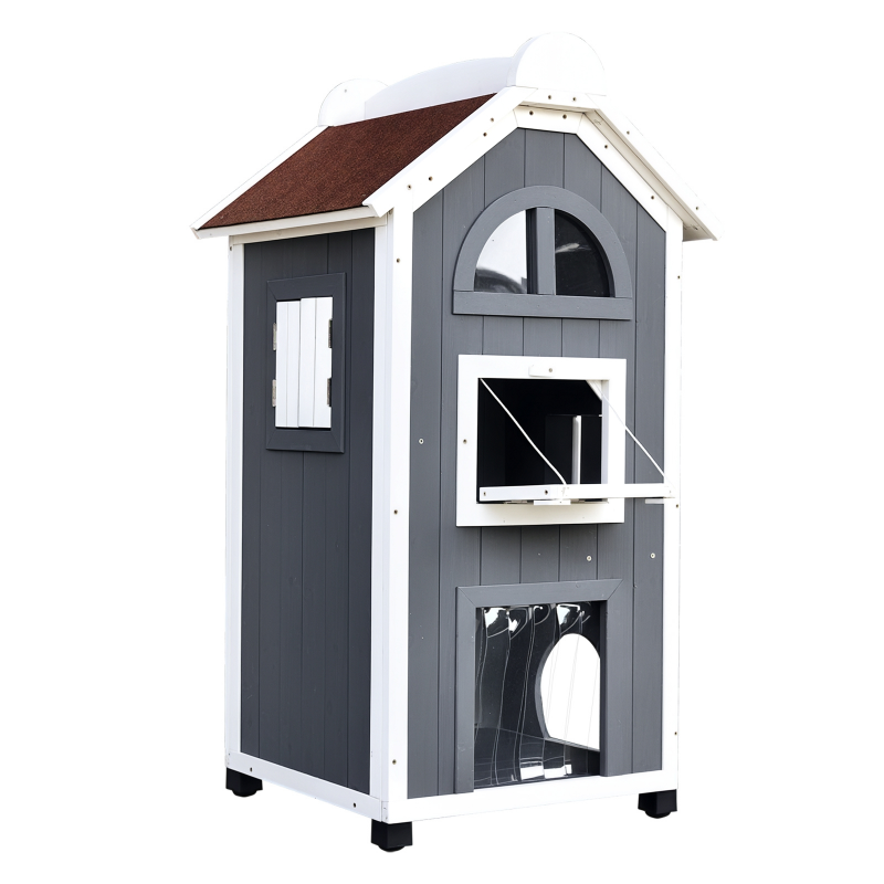 PawHut Katzenhaus für Katzenbett oder Katzentoilette Vielseitiger Katzenschrank, Tannenholz, Asphaltdach, Grau, 59x55x109cm Aosom – Bild 1 von 2