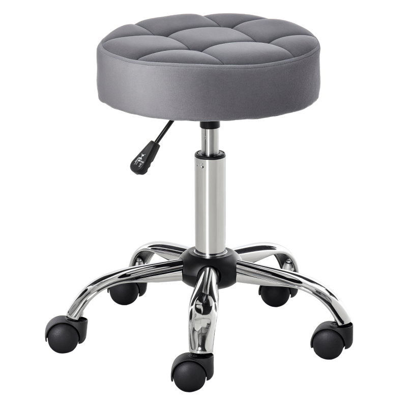 HOMCOM Salonstuhl mit Rädern Rollhocker höhenverstellbar drehbar Samt-Touch Chrom-Basis Grau 35x35x49-61cm für Friseursalons & Kosmetikstudios Aosom.de – Bild 1 von 2