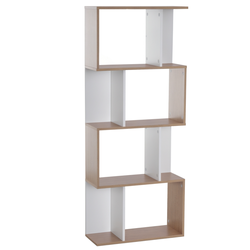 HOMCOM Bücherregal S-förmiges Standregal Lagerregal 4-stufige Vitrine mit Hardware-Schnalle moderner Raumteiler Spanplatte Naturholz+Weiß Aosom – Bild 1 von 2