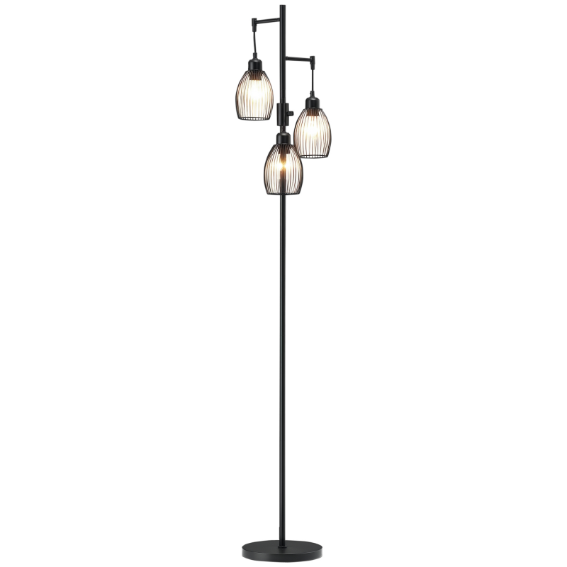 HOMCOM 3-flammige Stehlampe Retro Stehleuchte dimmbare Lichtstärke mit Tritt-Schalter Standleuchte Wohnzimmerlampe Stahl Schwarz 30 x 30 x 170,5 cm Aosom – Bild 1 von 2
