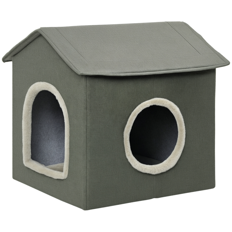 PawHut Katzenhöhle Hausform mit waschbarem Kissen, gemütliche Kuschelhöhle für Katzen mit zwei Türen, 39 x 43,5 x 40,5 cm, grau Aosom.de – Bild 1 von 2