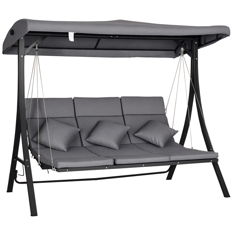 Outsunny Hollywoodschaukel, Gartenschaukel mit verstellbarem Sonnendach, Abnehmbare Kissen, 3-Sitzer, 198 x 118 x 168 cm, Grau+Schwarz Aosom.de – Bild 1 von 2