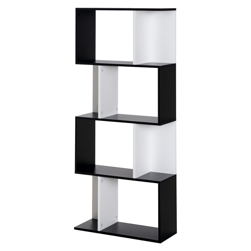 HOMCOM Bücherregal S-förmiges Standregal Lagerregal 4-stufige Vitrine mit Hardware-Schnalle moderner Raumteiler Spanplatte Schwarz+Weiß Aosom – Bild 1 von 2